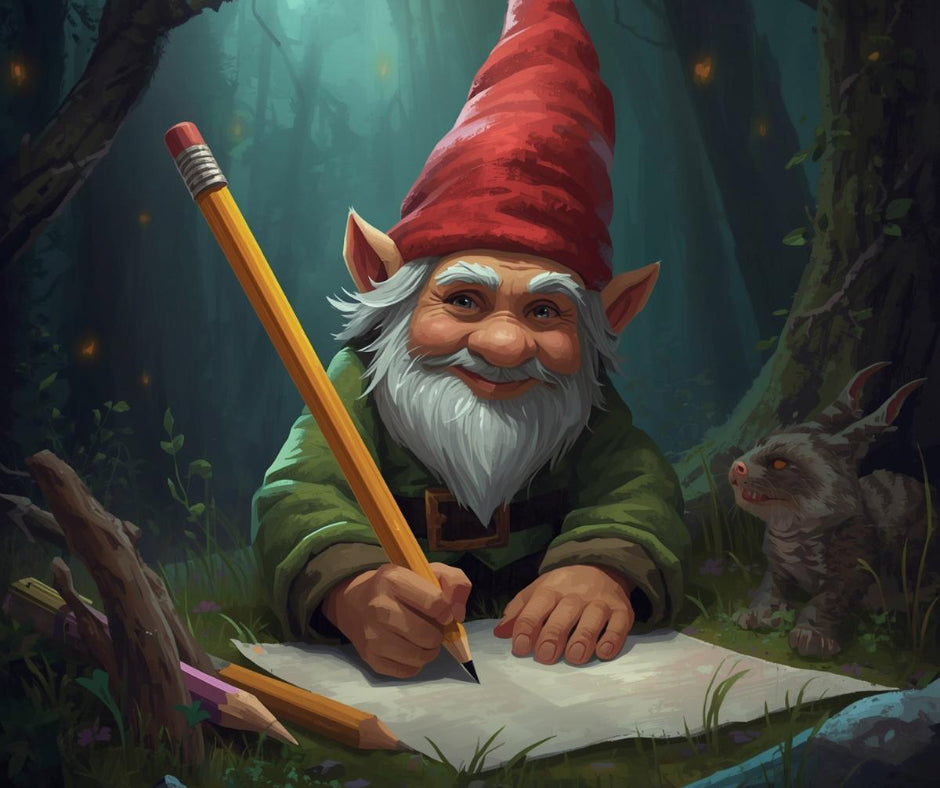 Gentil gnome aux yeux doux tenant un crayon surdimensionné à la main, dans le but d’écrire une lettre enchantée. 